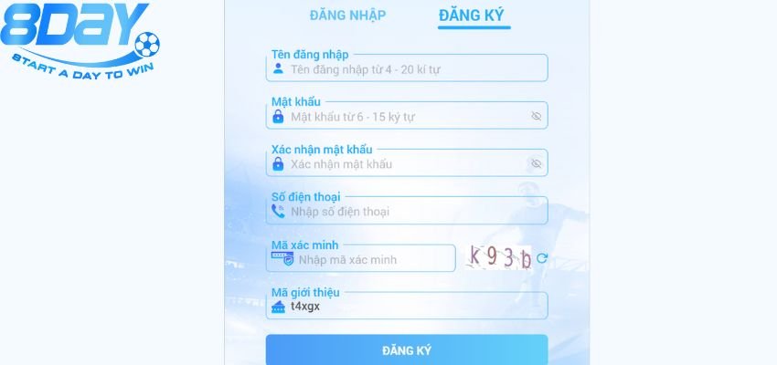 Điền đầy đủ thông tin đăng ký 8DAY vào biểu mẫu